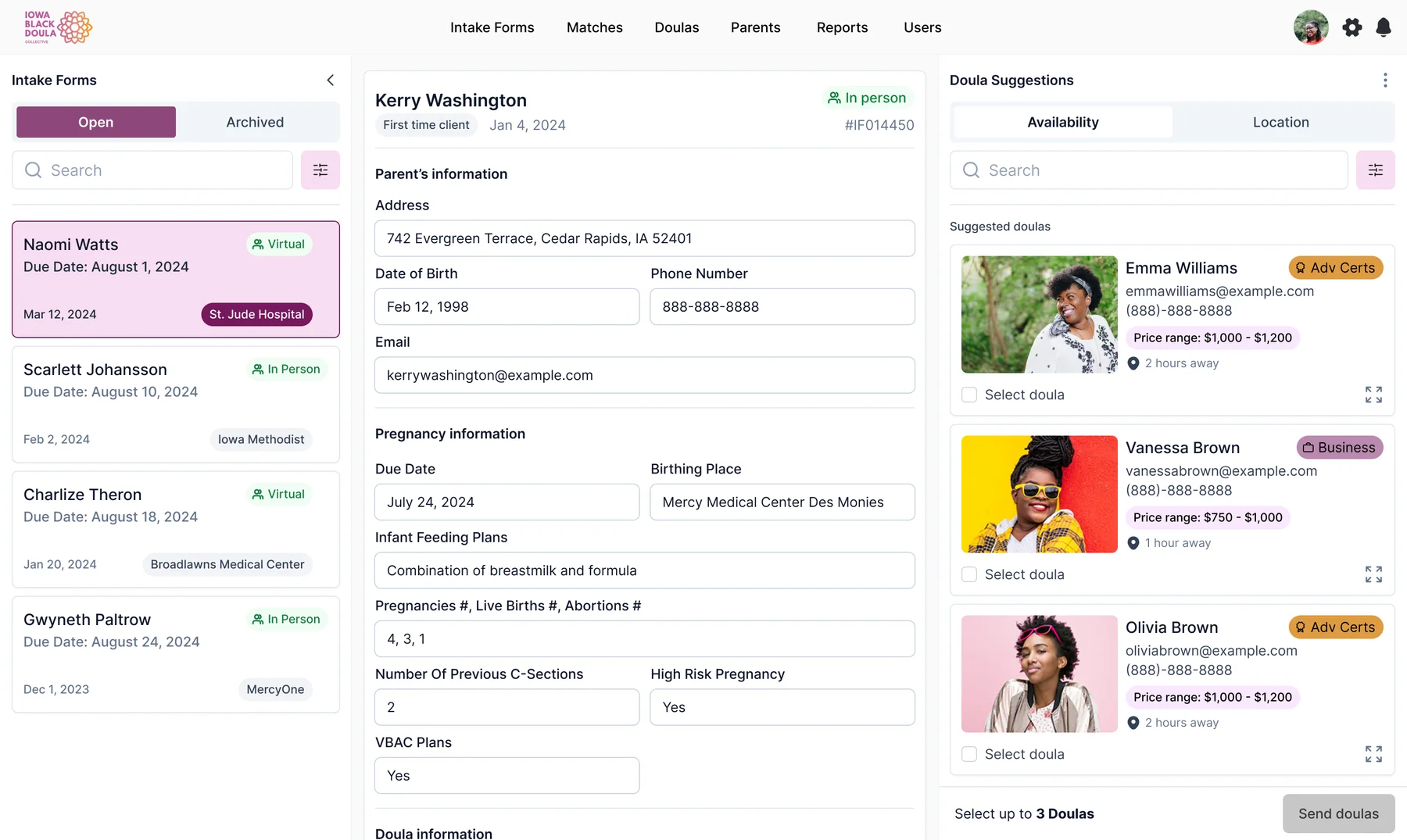 DoulaConnect matching screen: intake forms, a family’s details and suggested doulas side by side.