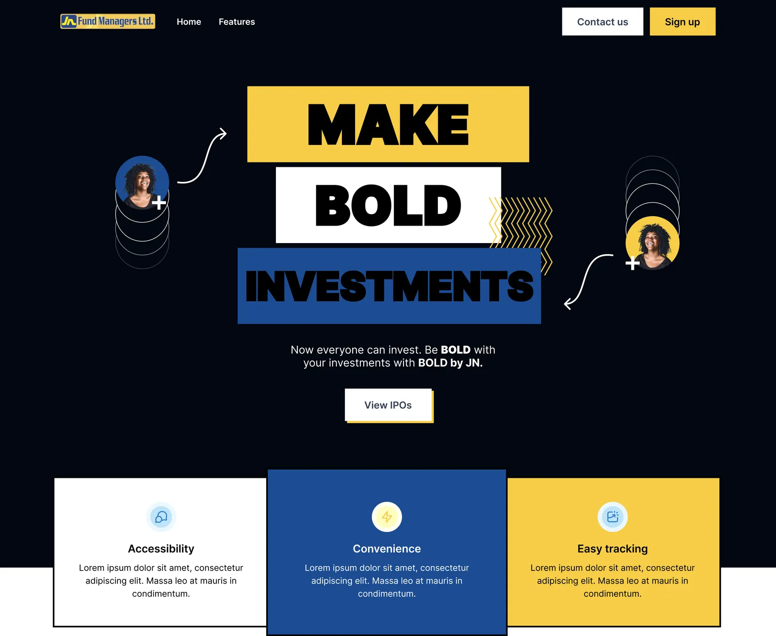 Landing page hero reading MAKE BOLD INVESTMENTS on stacked yellow, white and blue blocks.