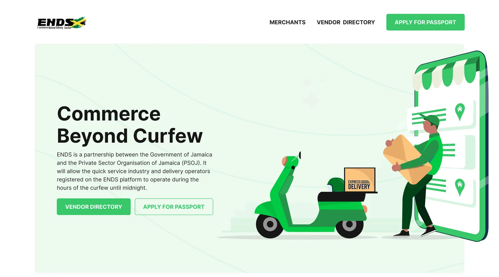 ENDS landing page: Commerce Beyond Curfew, with a delivery rider on a green scooter.