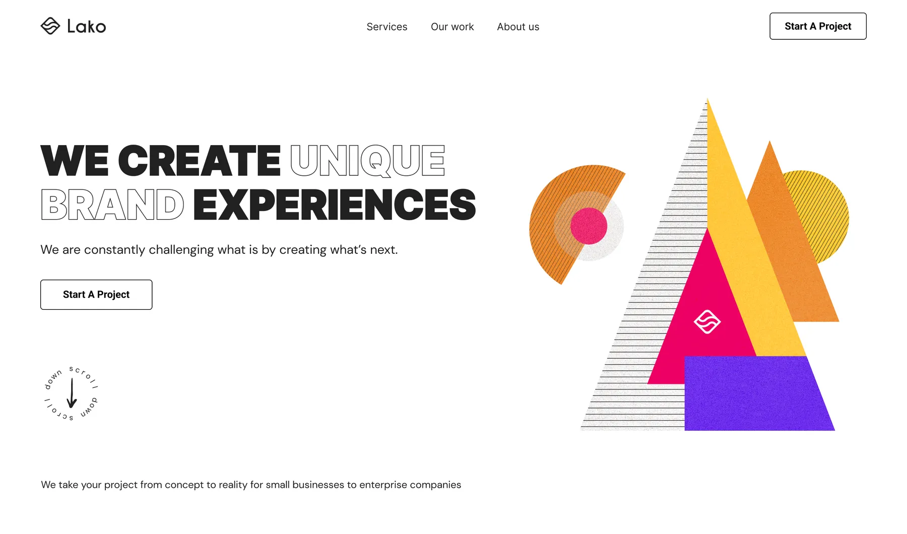 Lako homepage: WE CREATE UNIQUE BRAND EXPERIENCES beside a stack of textured triangles.