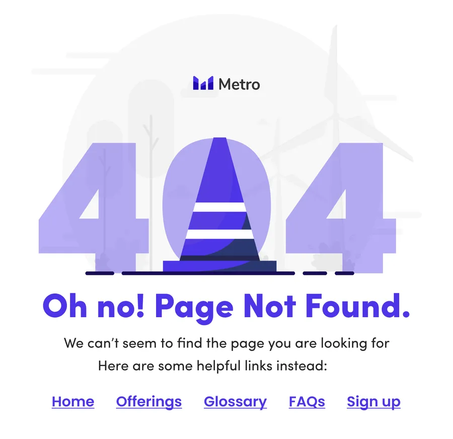 Metro 404 page with a traffic cone standing in for the zero.