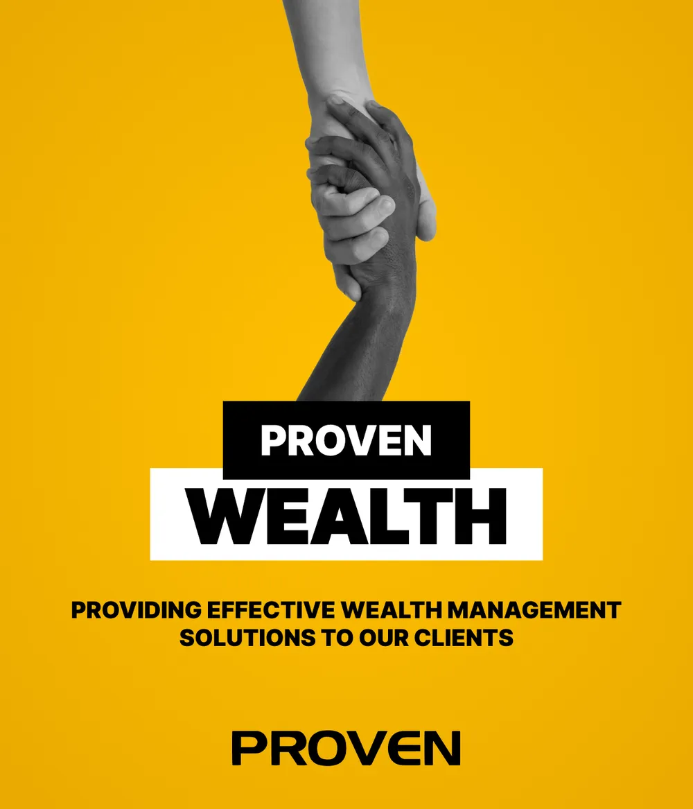 Proven Wealth poster: two clasped hands in black and white on a yellow ground.