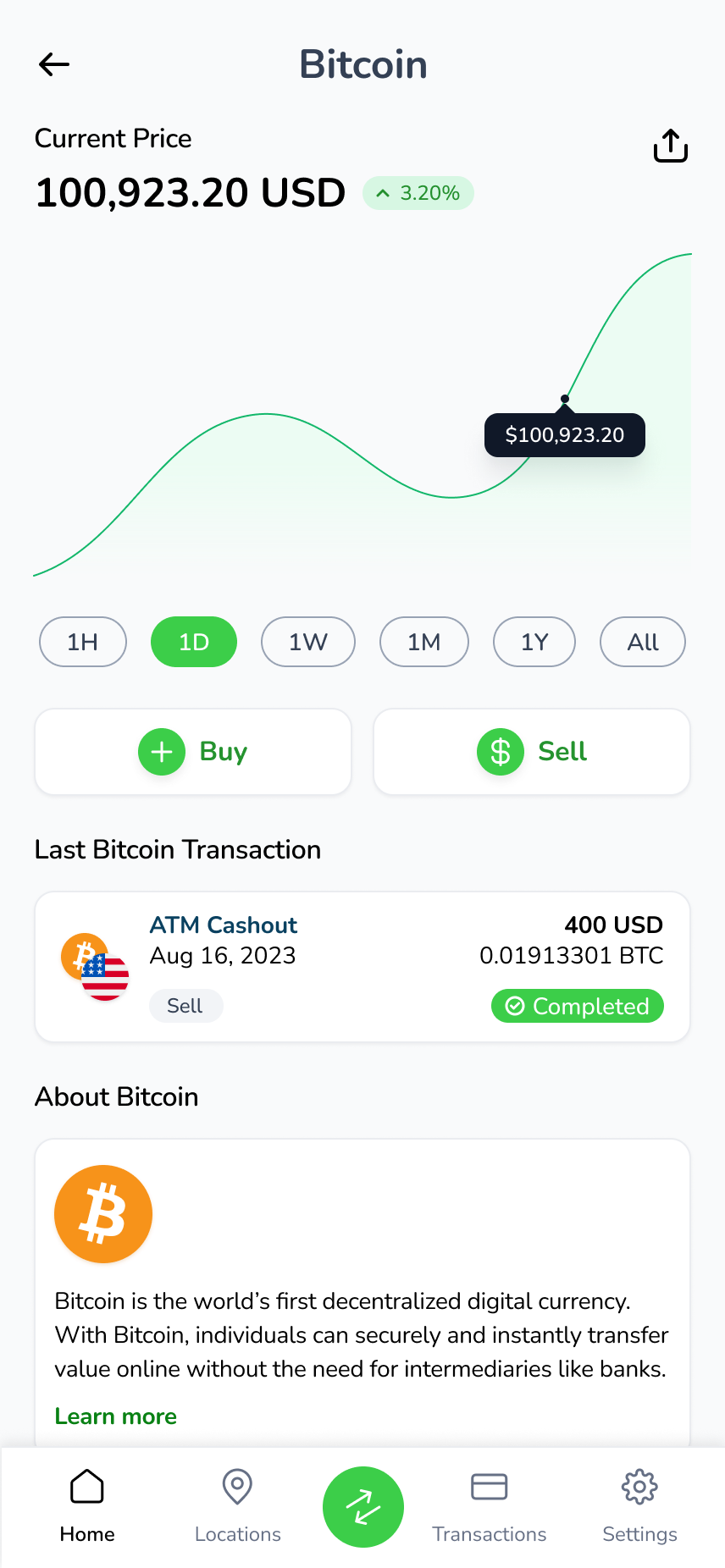 Unbank Bitcoin view: price chart, buy and sell, last transaction.
